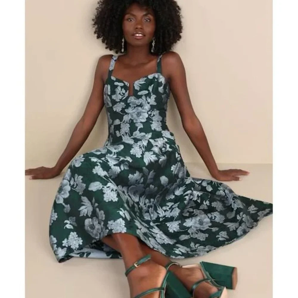 Lulu’s Major Flirtation Emerald Floral Jacquard Drop Waist Midi Dress - Picture 2 of 7